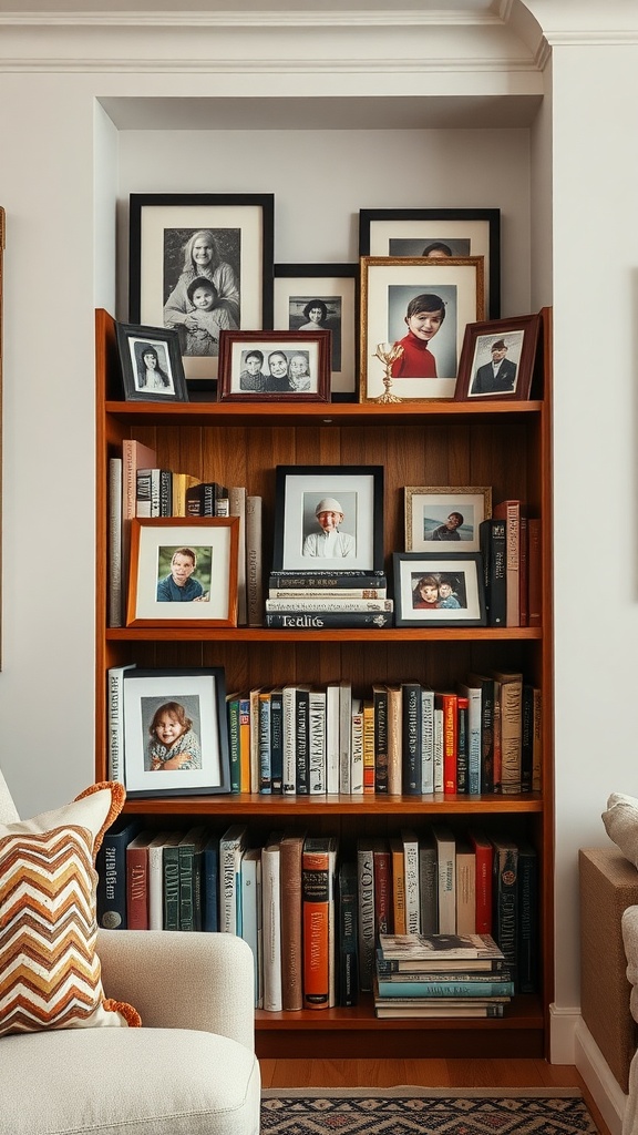 A wooden bookshelf filled with books and family photos arranged in frames.