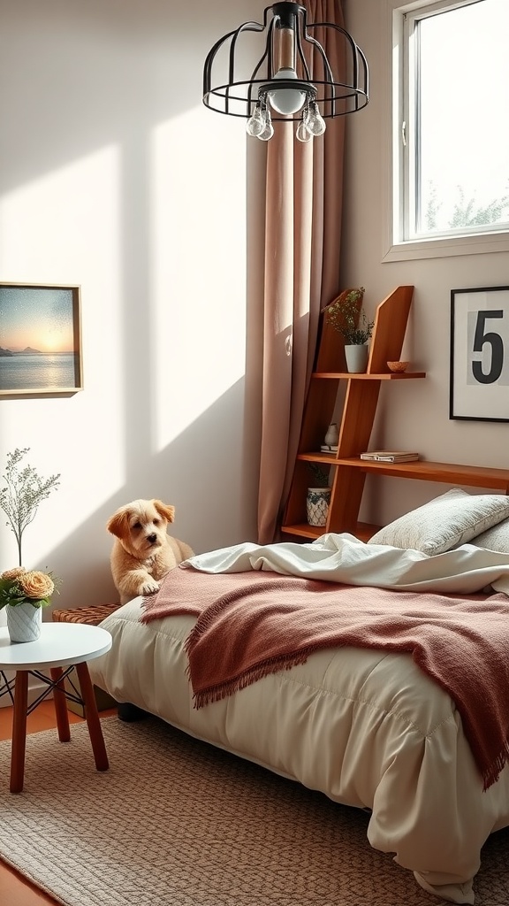 A cozy bedroom with a dog on the bed, flowers on a table, and soft lighting.