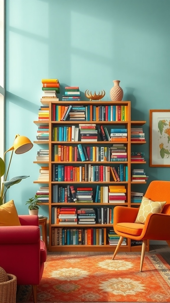 A colorful stacked bookshelf in a cozy living room with a blue wall, orange chair, and red sofa.