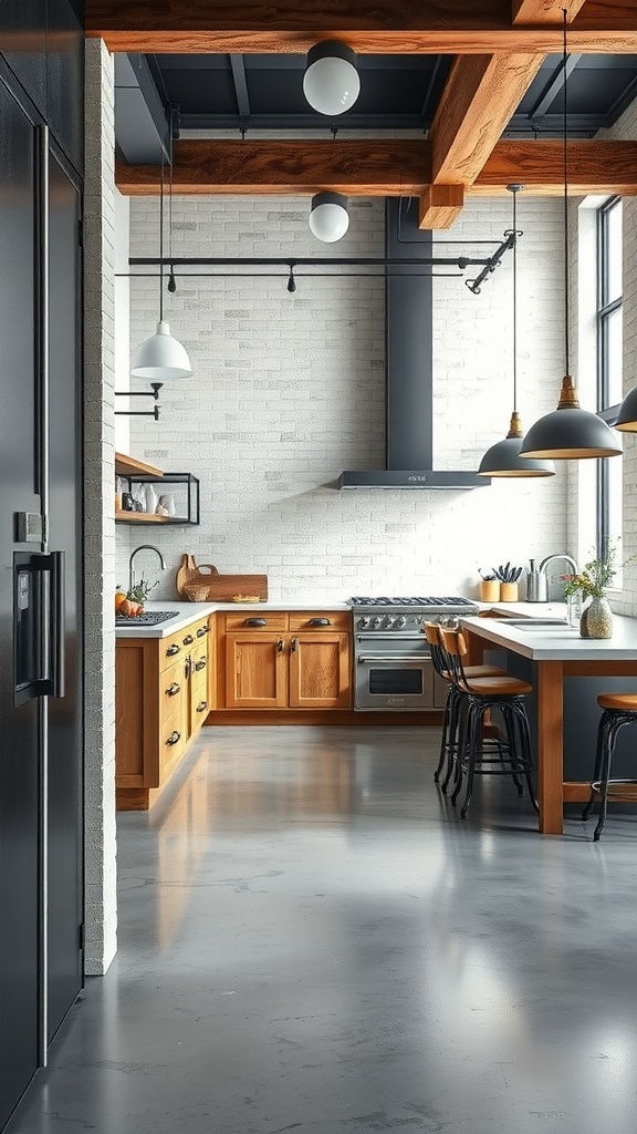 A modern kitchen featuring polished concrete flooring, wooden cabinetry, and industrial lighting.