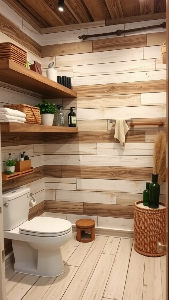 A small rustic bathroom featuring reclaimed barn wood walls and ceiling, wooden shelves, and natural decor.