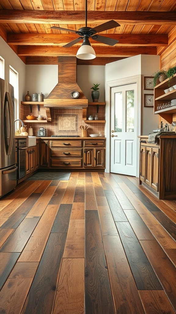 Rustic kitchen with reclaimed barn wood flooring, wooden cabinets, and a warm atmosphere.