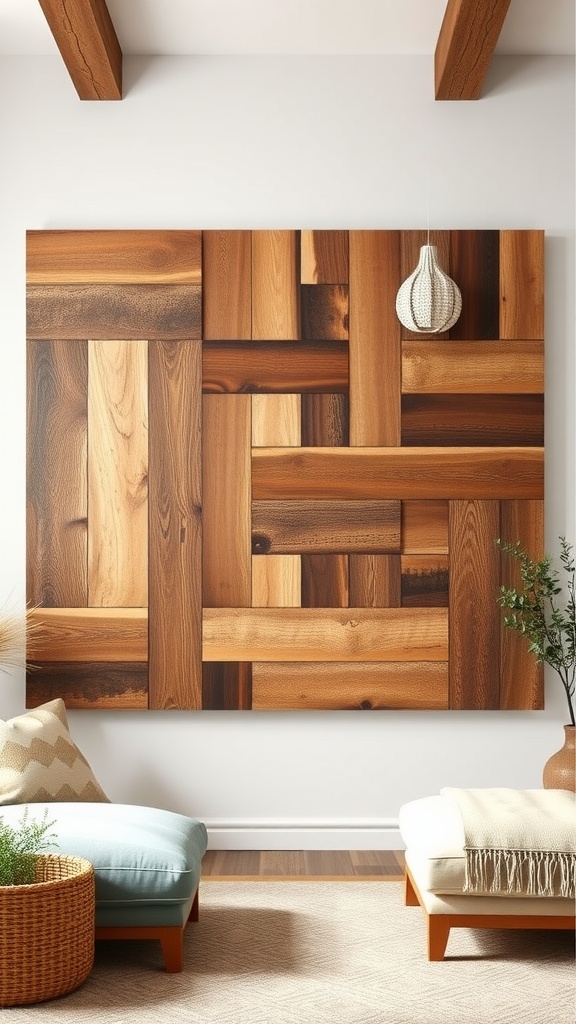 A beautifully crafted reclaimed wood wall art piece, showcasing various wood tones and textures, displayed in a cozy living room setting.