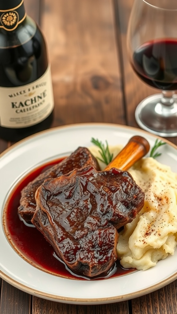 A plate of red wine braised short ribs served with mashed potatoes and a glass of red wine.