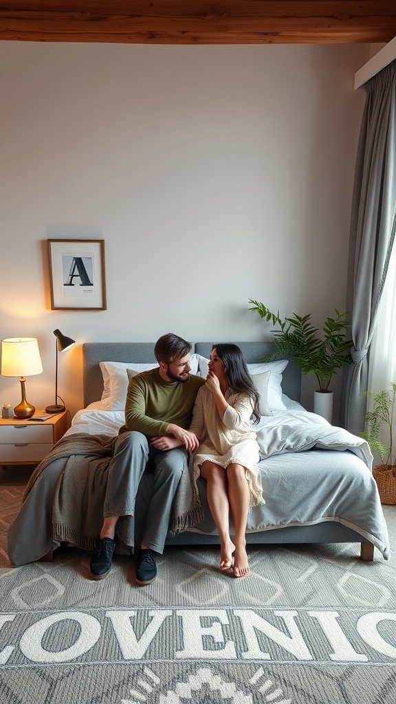 A cozy bedroom with a couple sitting on the bed, enjoying each other's company.