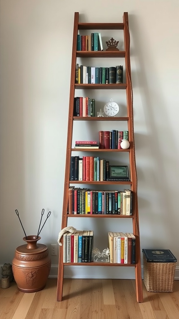 A wooden ladder repurposed as a bookshelf holding colorful books and decorative items.