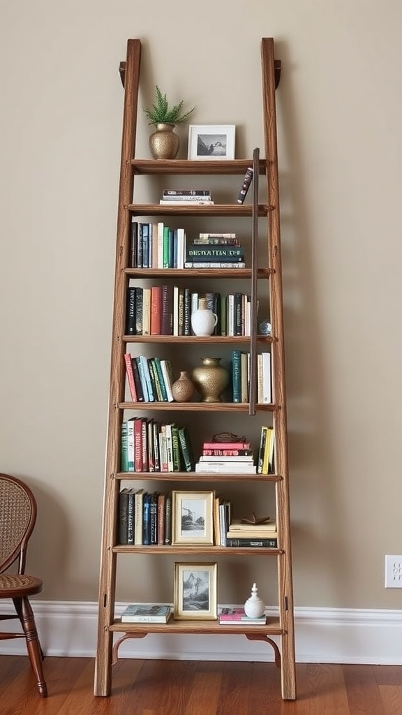 A wooden ladder bookshelf filled with books, plants, and picture frames against a beige wall.