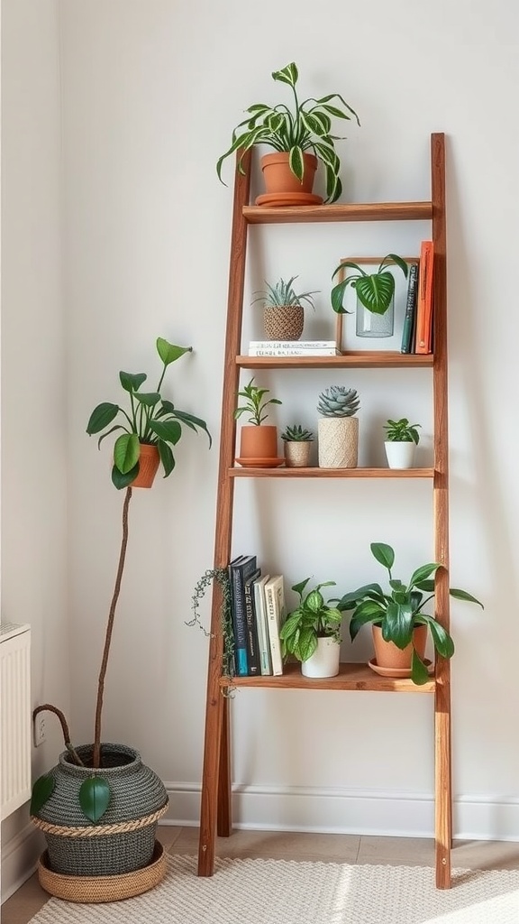 A repurposed ladder shelf with plants and books.