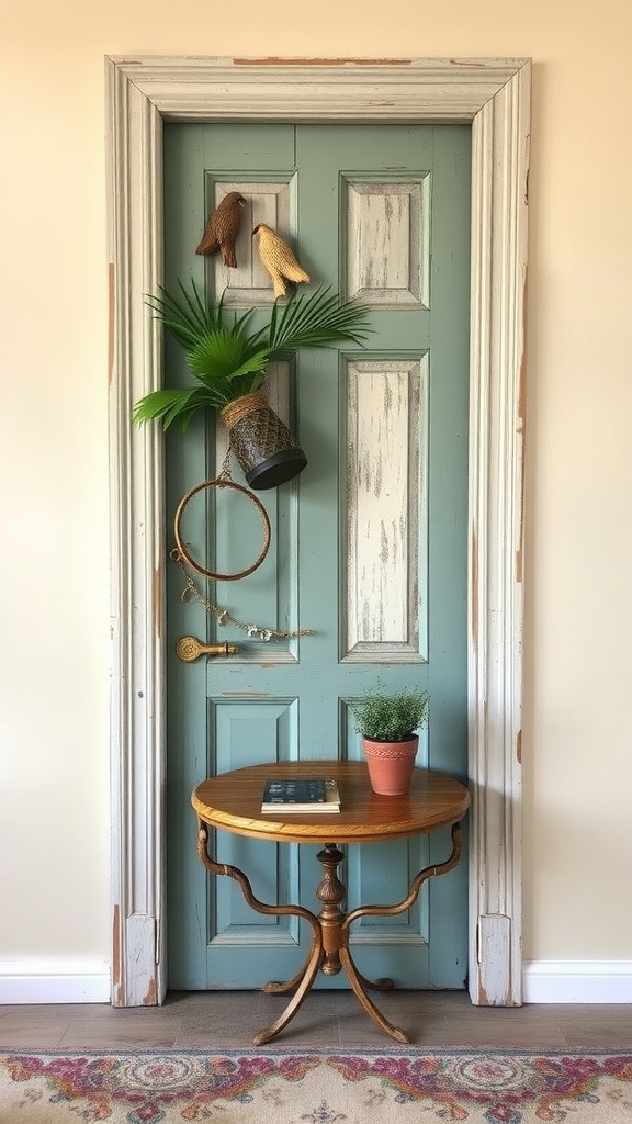 Two repurposed old doors used as wall art, one gray and one brown, in a modern interior setting.