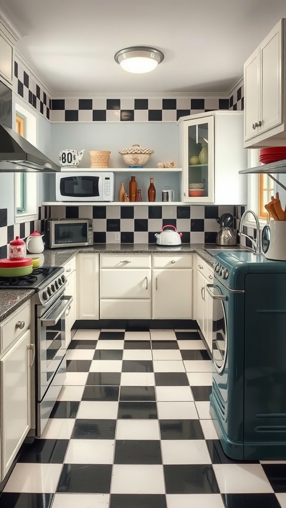 A kitchen with retro checkerboard floor tiles in black and white, featuring white cabinets and a turquoise washing machine.