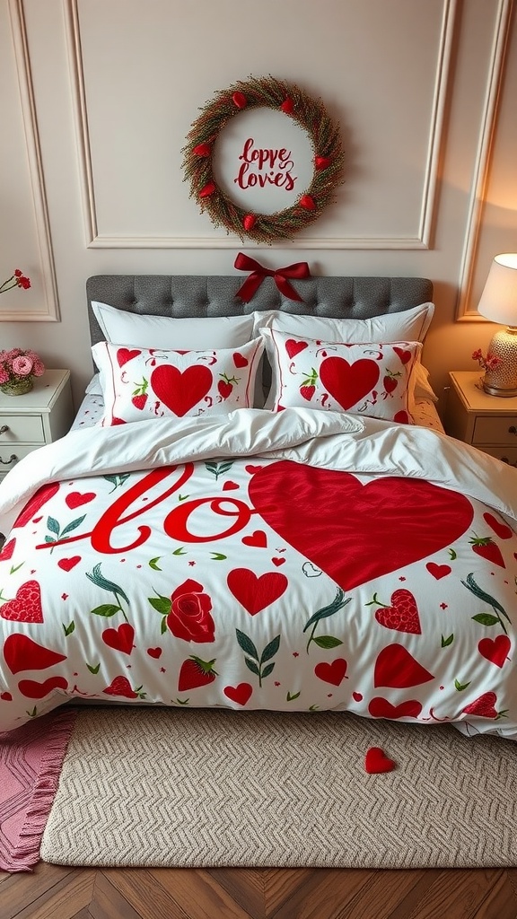 Cozy romantic bedroom decor featuring themed bedding with hearts and love messages