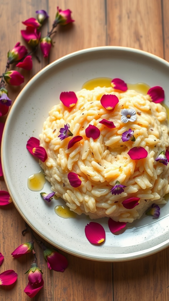 A bowl of creamy rose petal risotto garnished with flower petals.