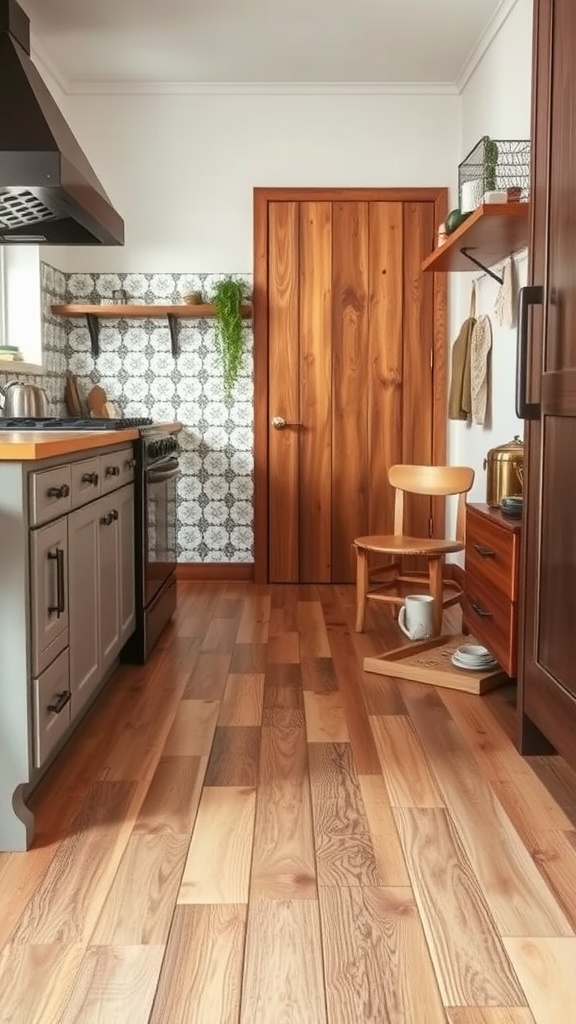 A cozy kitchen featuring reclaimed wood flooring and vintage tile backsplash.