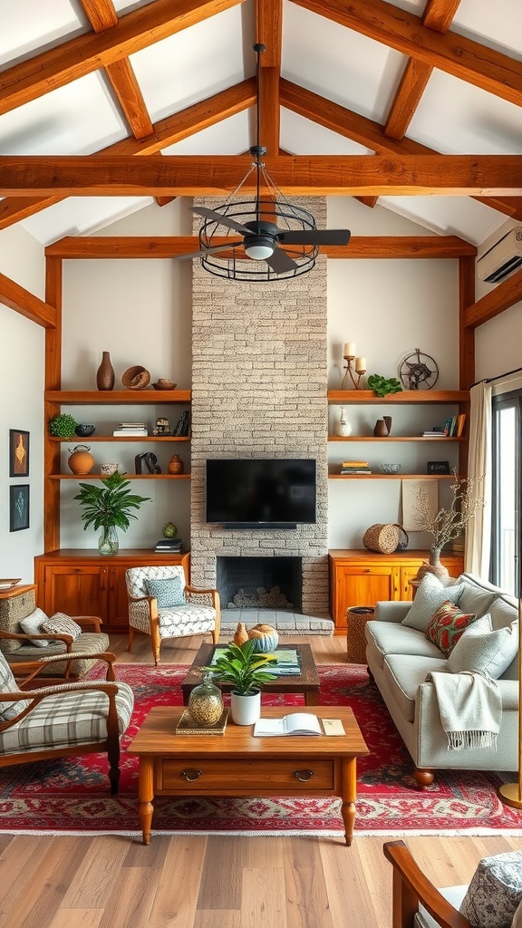 Cozy boho living room with rustic wood accents, exposed beams, and a warm color palette.