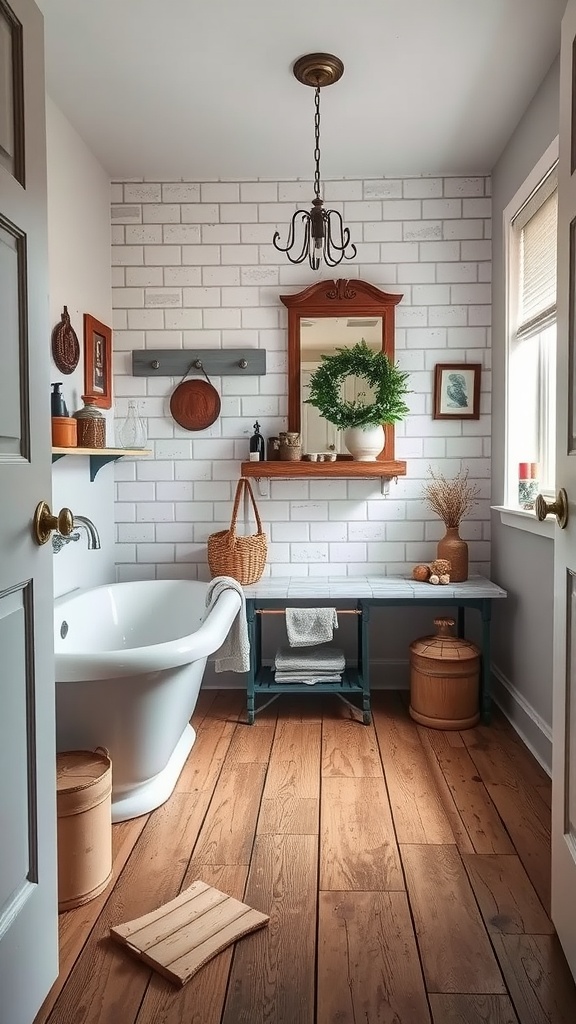 A rustic farmhouse bathroom featuring wooden flooring, a freestanding tub, and white brick walls.