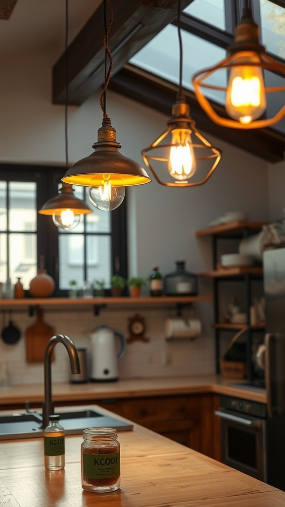 Cozy kitchen with rustic lighting, featuring warm light bulbs and wooden surfaces