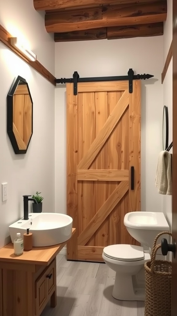 A rustic bathroom featuring a sliding barn door made of wood, complemented by a wooden vanity and modern sink.