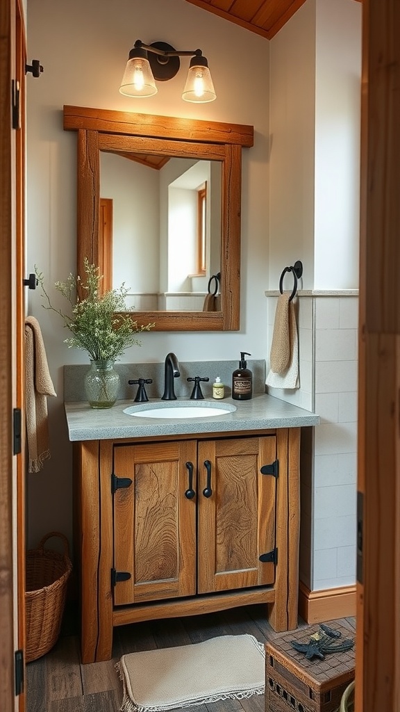 A rustic bathroom vanity made of wood with a grey stone countertop, a large mirror above, and warm lighting.