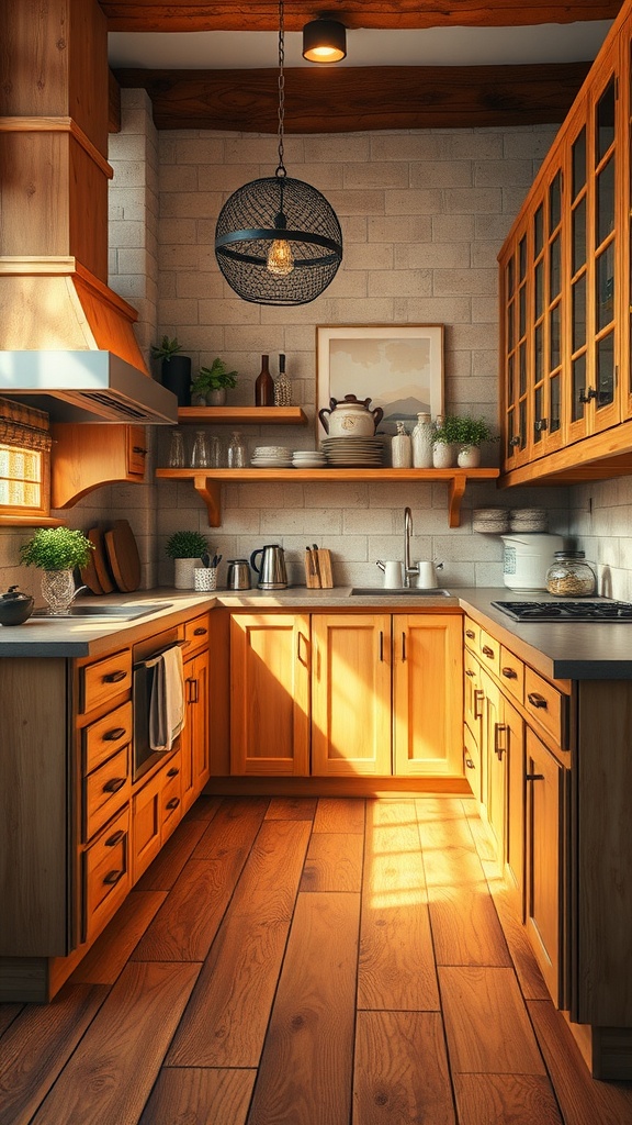 A cozy kitchen with rustic wood-look tiles, wooden cabinets, and warm sunlight illuminating the space.