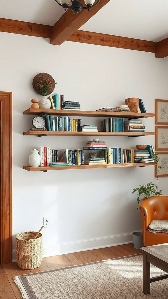 Rustic wooden floating shelves showcasing books and decorative items in a cozy room