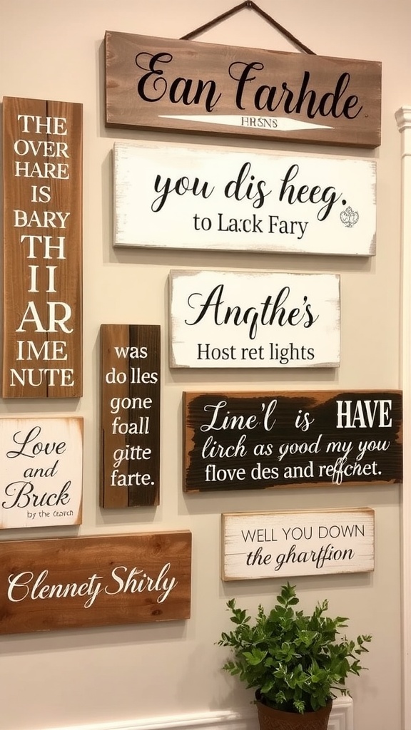 A collection of rustic wooden signs with various messages and designs