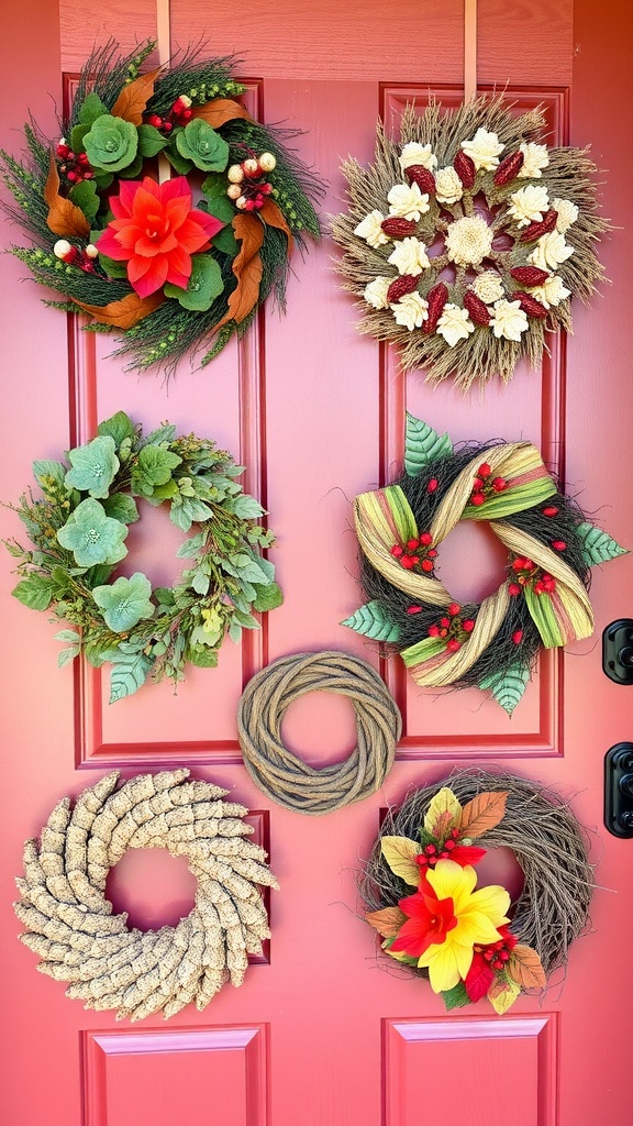 A collection of rustic wreaths displayed on a blue door, featuring vibrant flowers and natural elements.