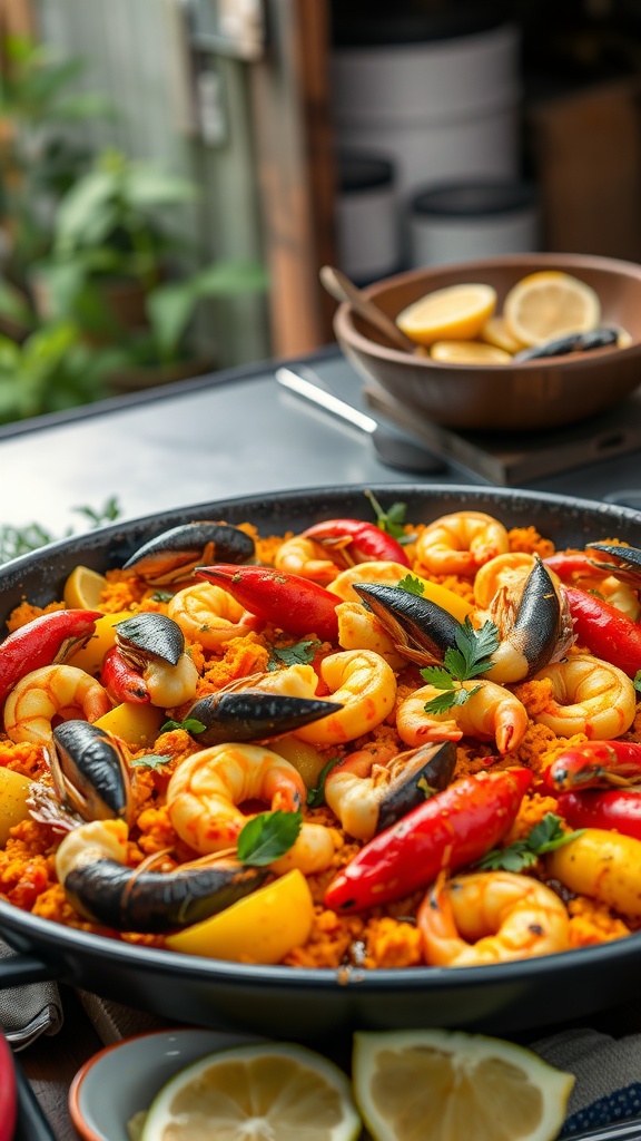 A vibrant saffron infused paella with seafood and vegetables