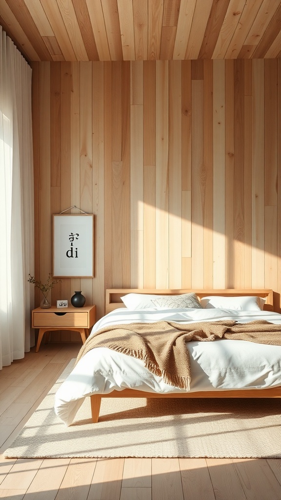 A minimalist Japandi bedroom featuring wooden walls, a comfortable bed, and natural light streaming in