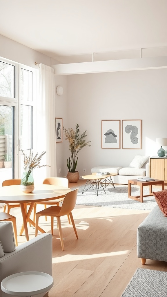 Modern living room and dining room with Scandinavian design elements, featuring light colors and simple furniture.