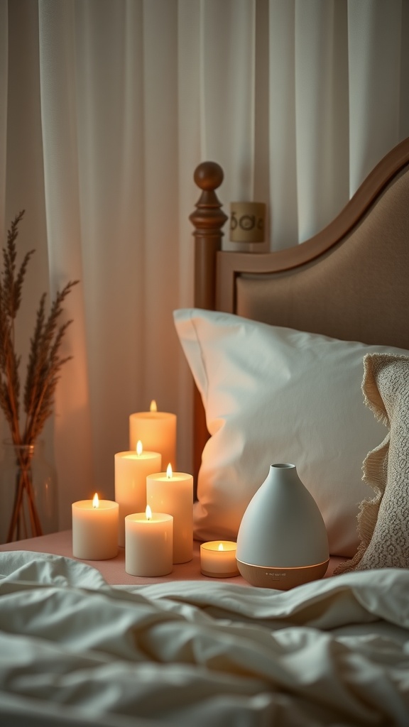 Cozy bedroom setting featuring scented candles and an essential oil diffuser, creating a romantic atmosphere.