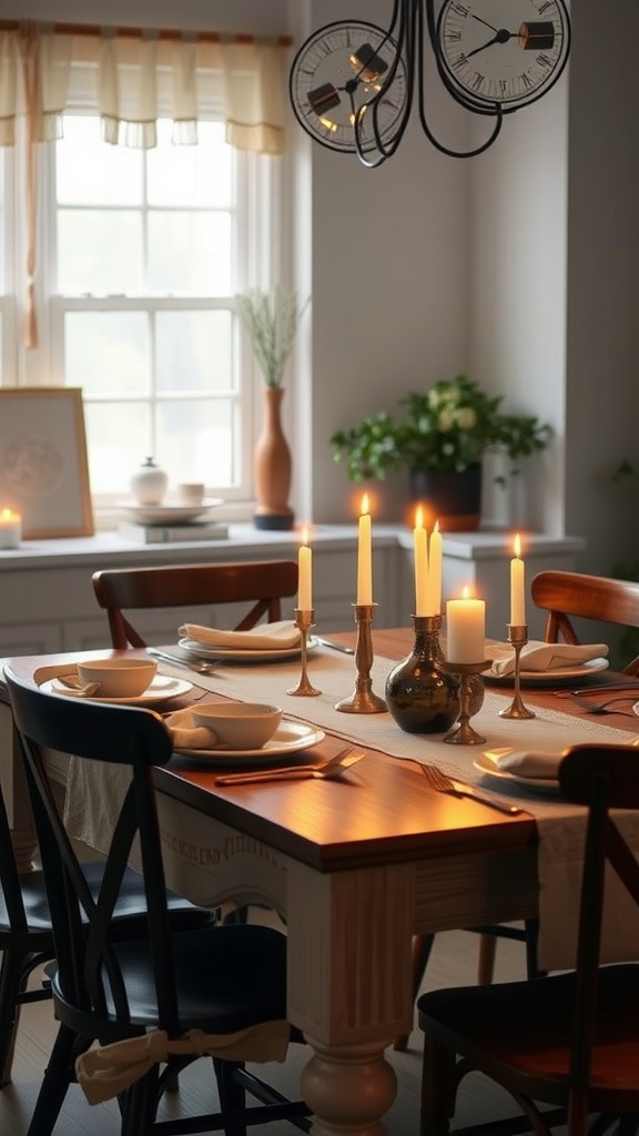 Cozy kitchen setting with a table set for dinner, lit candles, and a warm ambiance