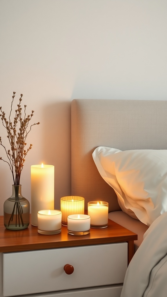 A cozy bedroom scene featuring several scented candles on a bedside table, with soft lighting and a gentle atmosphere.