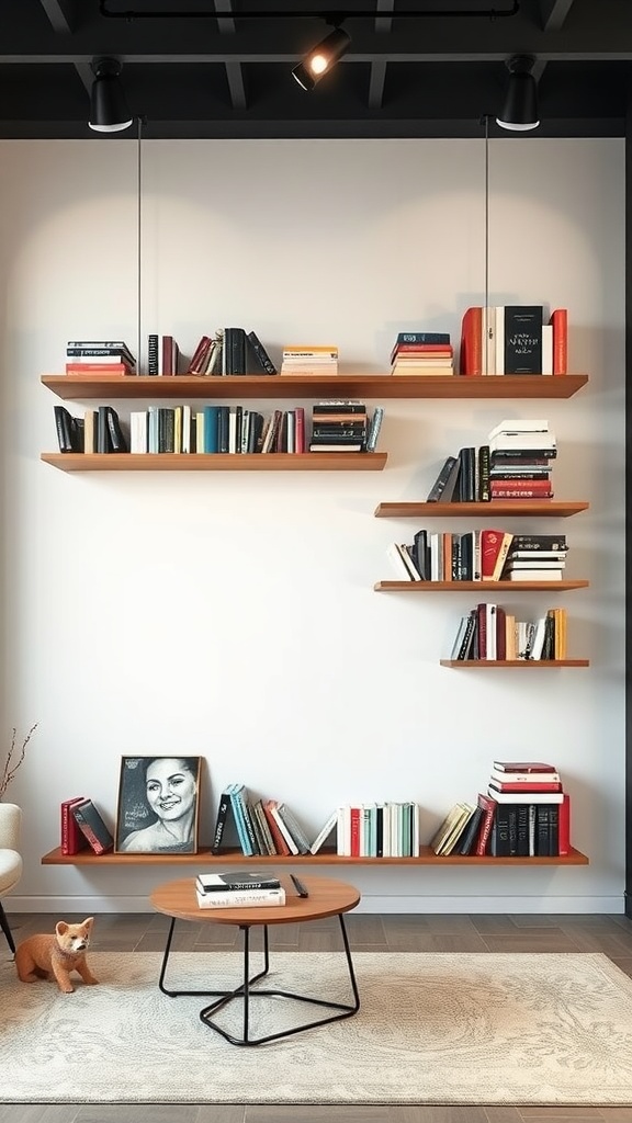 Stylish floating bookshelf installation with wooden shelves and colorful books against a white wall.