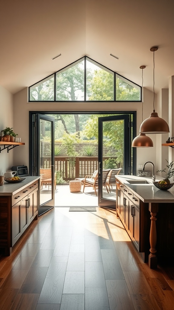 A modern kitchen with large glass doors opening to an outdoor patio, showcasing wooden cabinets and contemporary decor.