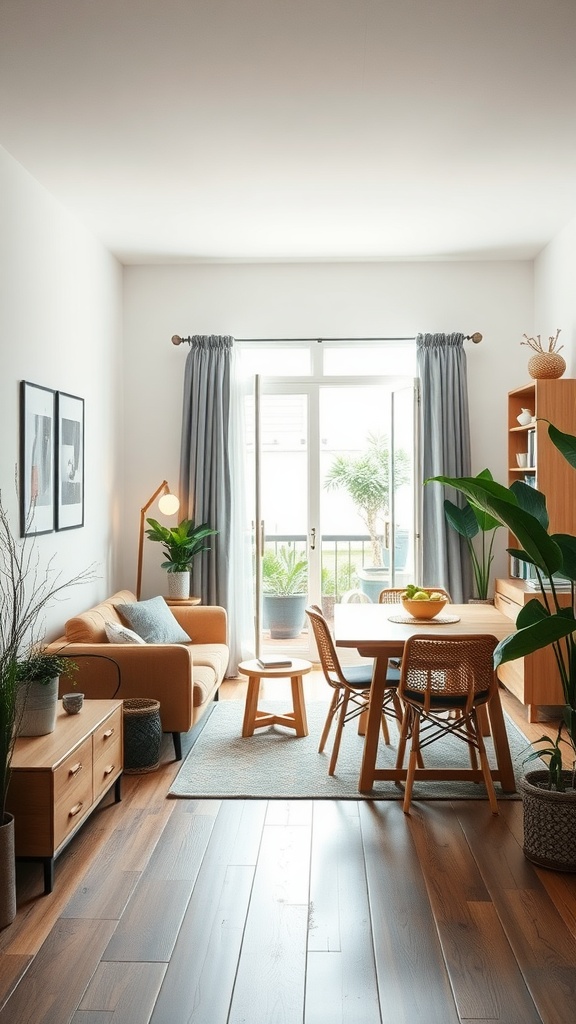 A small living room and dining room combo with large glass doors opening to a balcony, featuring cozy furniture and plants.