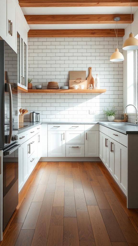 A modern kitchen featuring a blend of wooden flooring and tiled backsplash, with white cabinets and natural light.