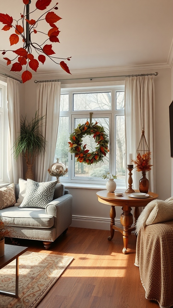 A cozy small living room and dining room combo decorated for autumn, featuring colorful leaves and seasonal flowers.
