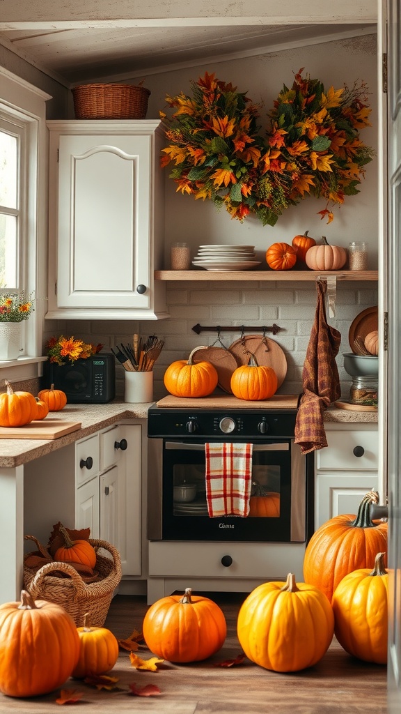 A cozy kitchen decorated for autumn, featuring pumpkins, fall leaves, and warm colors.