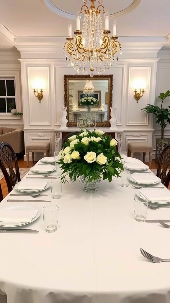 A beautifully set dining table with a floral centerpiece of white roses, surrounded by elegant decor.