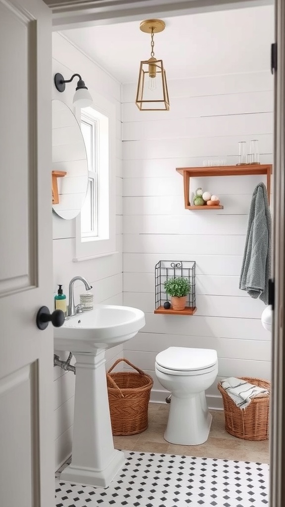 Small rustic bathroom with shiplap walls, a round mirror, wooden shelves, and a clean design.