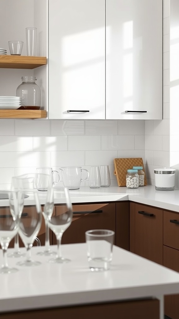 Minimalist kitchen with glassware on the counter and open shelves.