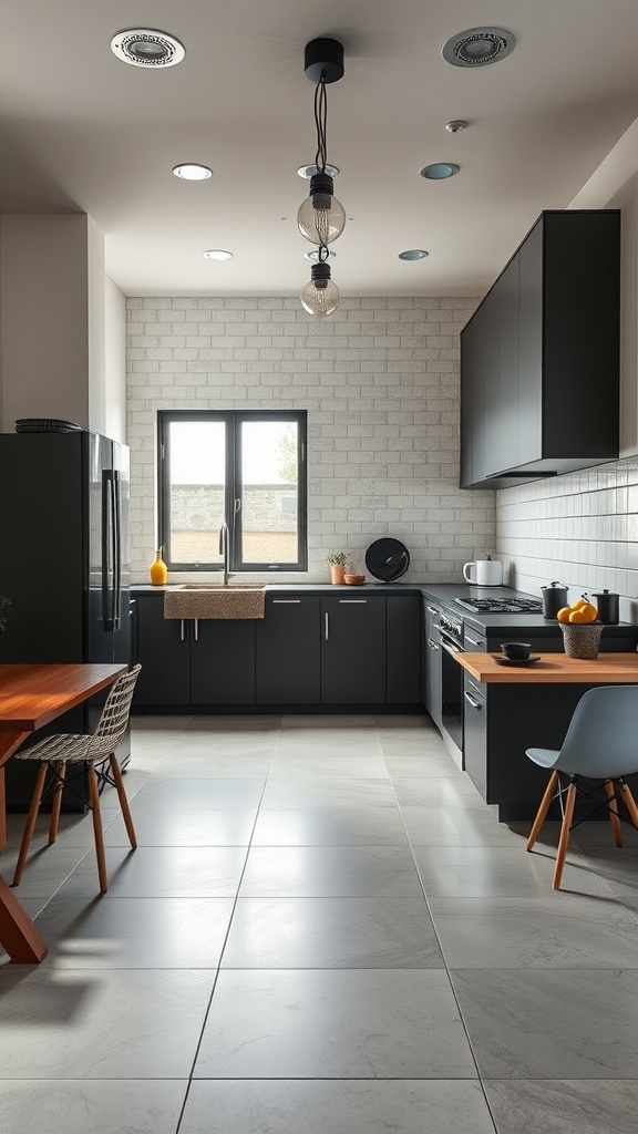 A modern kitchen featuring sleek gray cement tiles, dark cabinetry, and a wooden dining table