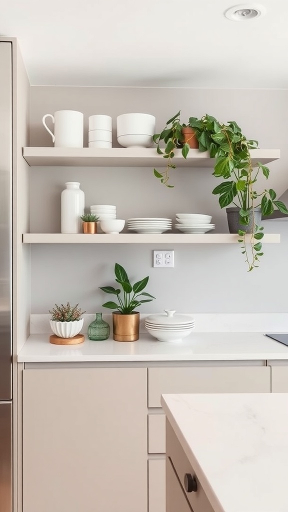 A modern kitchen featuring open shelving with plates, cups, and plants