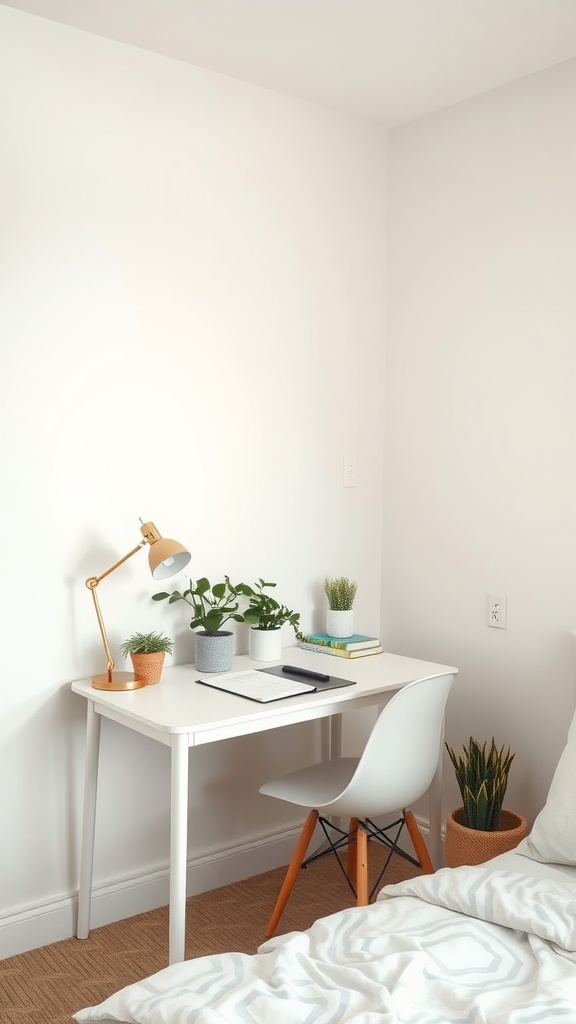 A cozy small desk with plants in a light bedroom