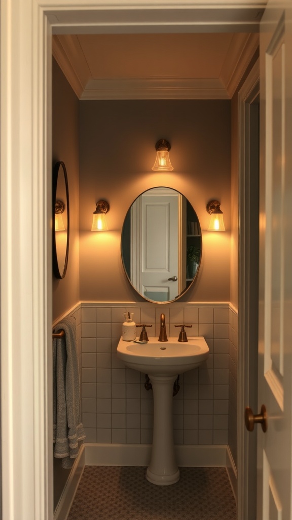 Small full bathroom with warm lighting and elegant fixtures