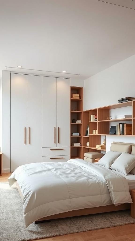 Modern luxury bedroom with smart storage solutions, showcasing a white bed, cabinetry, and bookshelves.