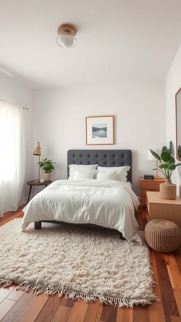 Cozy bedroom featuring a plush area rug under a bed, with a gray headboard, white bedding, and wooden furniture.