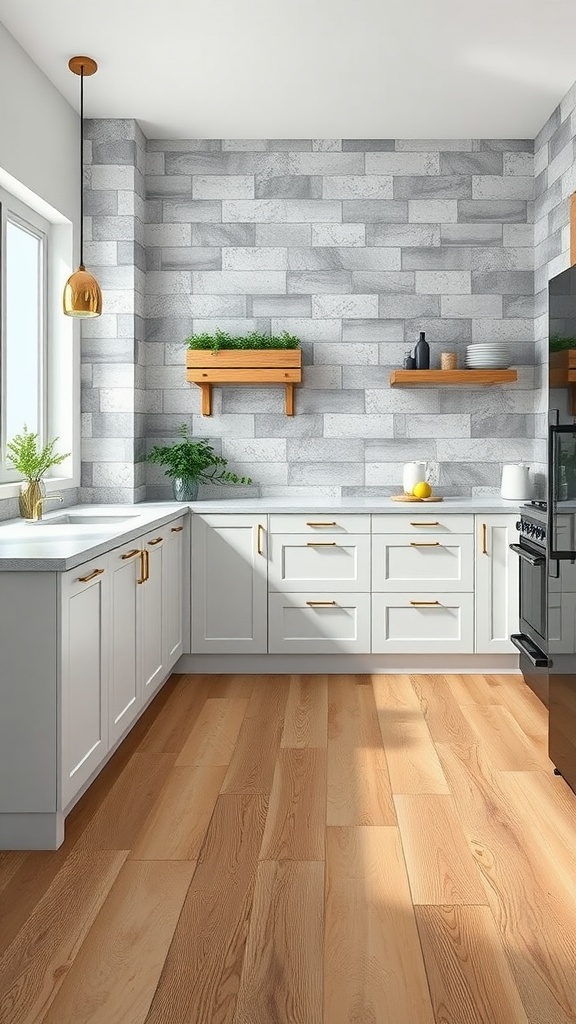 Modern kitchen with soft gray tile and rustic oak flooring, featuring white cabinets and gold accents.