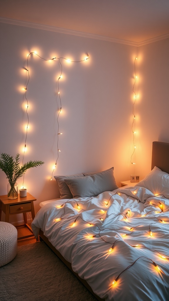 Cozy bedroom with string lights illuminating the space, creating a warm atmosphere.