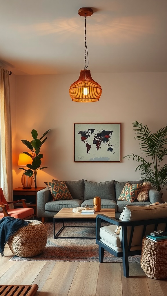 A cozy boho living room featuring soft lighting with a unique pendant fixture, a stylish couch, and decorative accents.